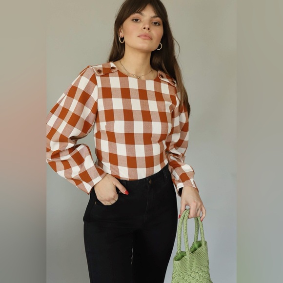Style Mafia Balloon Sleeve Brown Gingham top size Large perfect for fall! - Picture 1 of 7